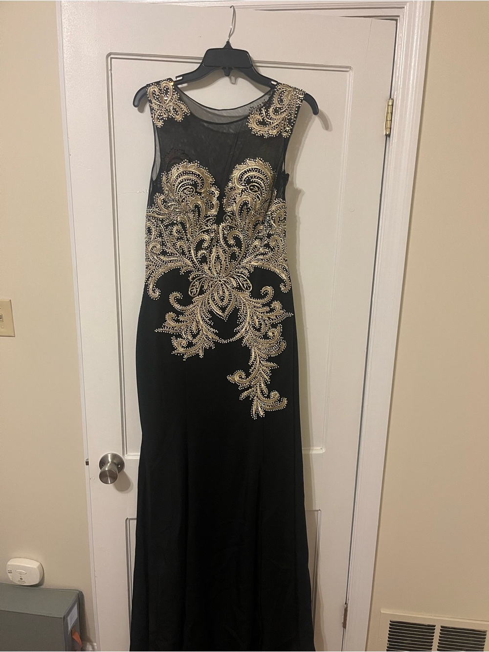 Camille La Vie Black Maxi Dress with Gold Embellished Appliqué